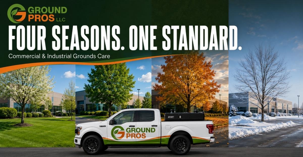 Ground Pros commercial and industrial grounds care truck across four seasons - spring, summer, fall, and winter